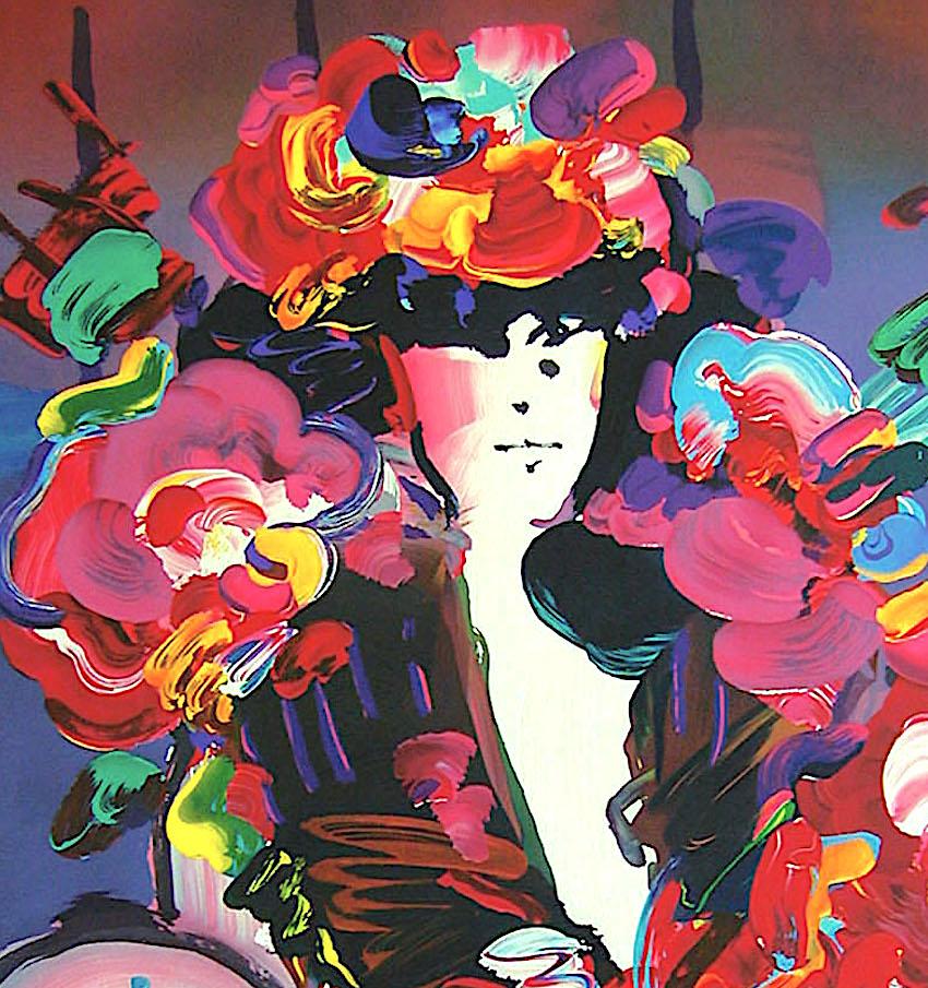 BROWN LADY II Lithographie signée, Portrait de mode, Femme au chapeau fleuri, Pop Art - Print de Peter Max