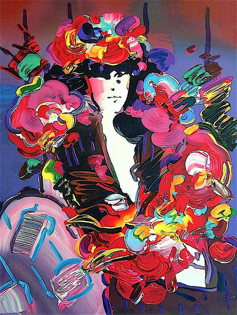 Peter Max Portrait Print - BROWN LADY II Signed Lithograph, Female Portrait, Flower Hat, Brown, Pink, Red