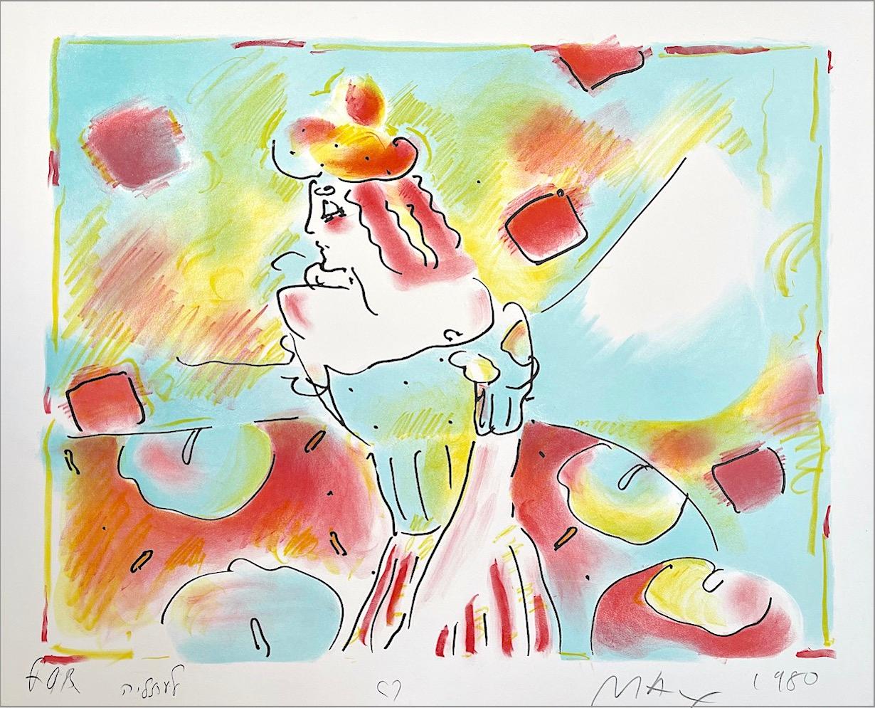 Peter Max Portrait Print - COMPOSITION RED AND GREEN Signed Lithograph, Young Woman Off Shoulder Dress