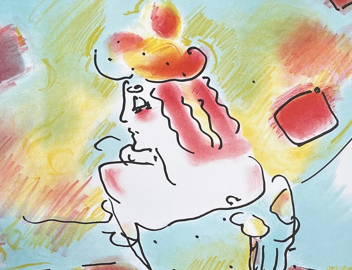 COMPOSITION RED AND GREEN Signierte Lithographie, schulterfreies Kleid einer jungen Frau (Beige), Portrait Print, von Peter Max