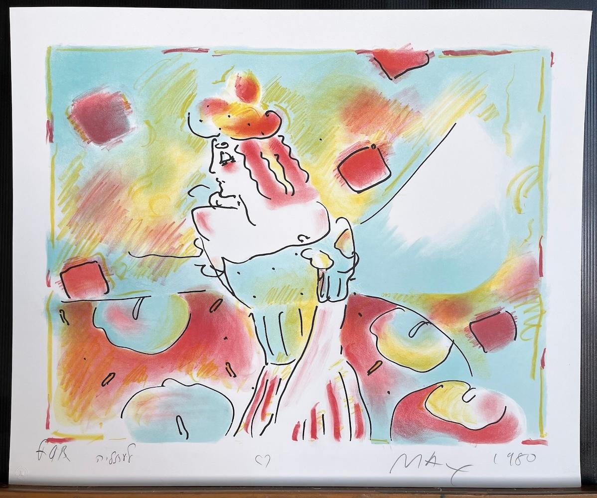 COMPOSITION RED AND GREEN Signierte Lithographie, schulterfreies Kleid einer jungen Frau im Angebot 3