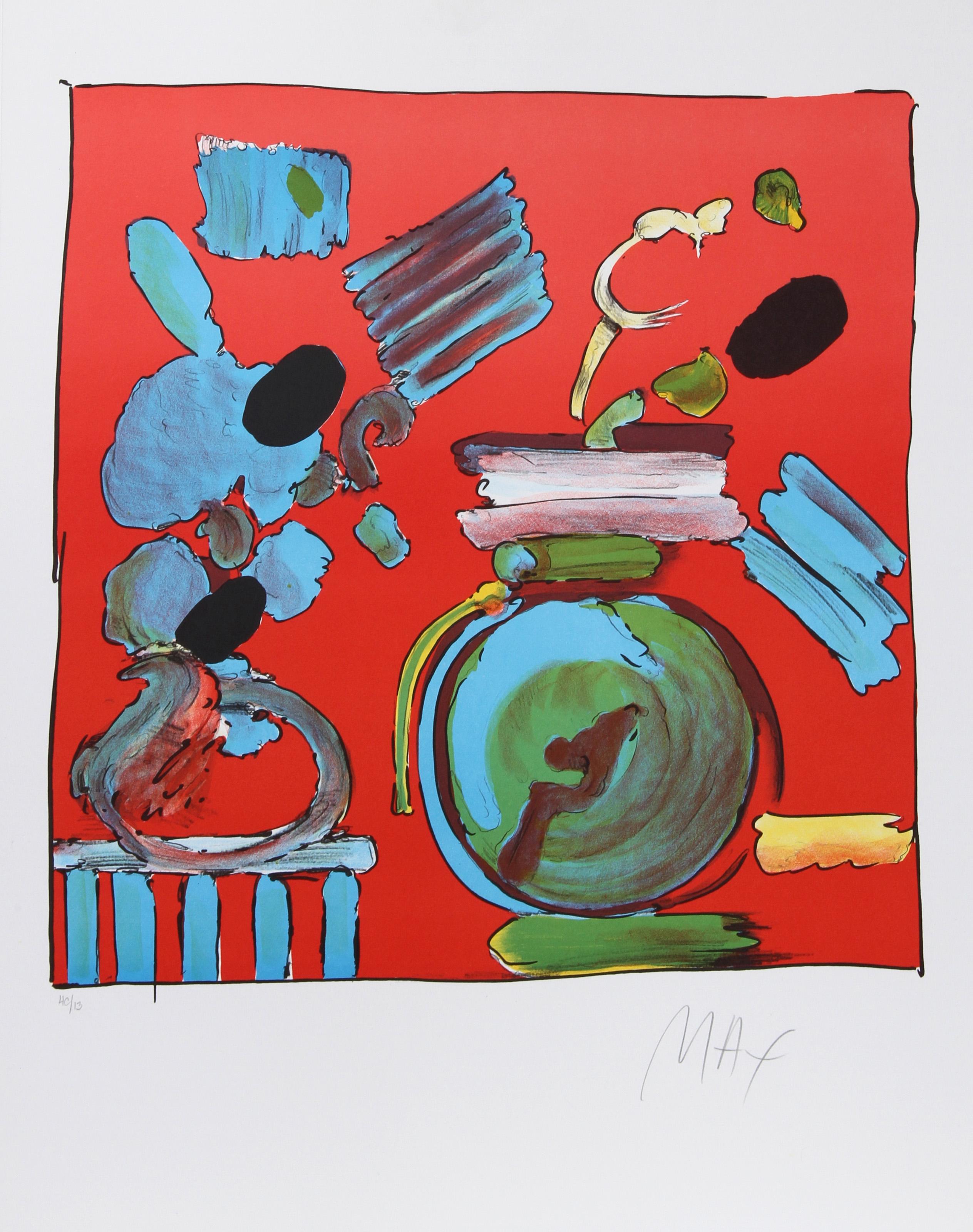 Peter Max, German/American (1937 - ) - Composition Red, Year:  1980, Medium:  Lithograph, signed and numbered in pencil, Edition:  165, HC, Image Size:  19 x 18 inches, Size:  27 in. x 21.5 in. (68.58 cm x 54.61 cm)