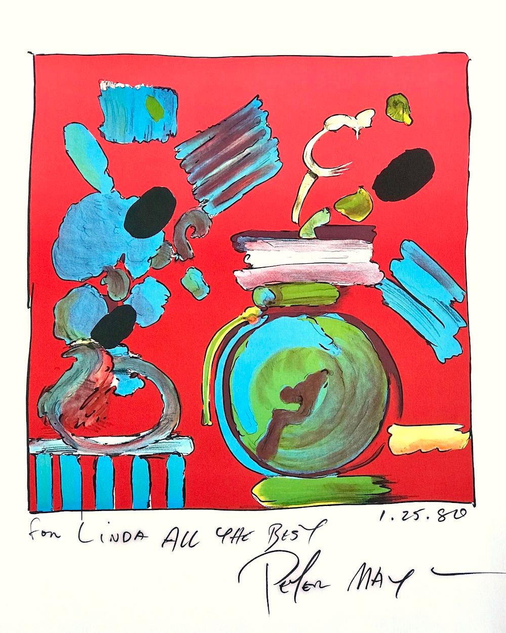 COMPOSITION RED Signed Lithograph, Abstract Floral Still Life, Round Blue Vase - Print by Peter Max