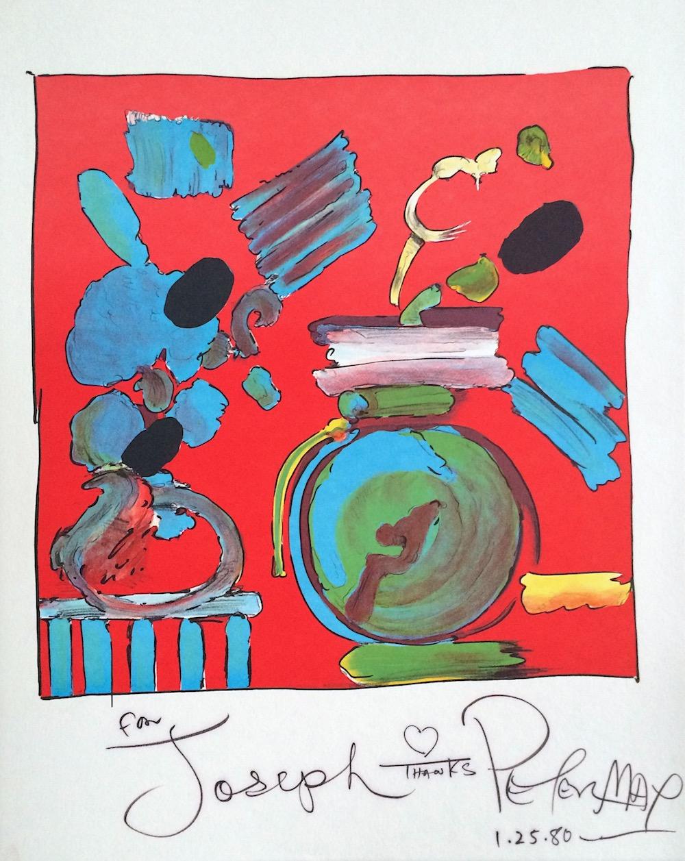 COMPOSITION Lithographie rouge signée, nature morte florale abstraite, vase bleu rond - Print de Peter Max
