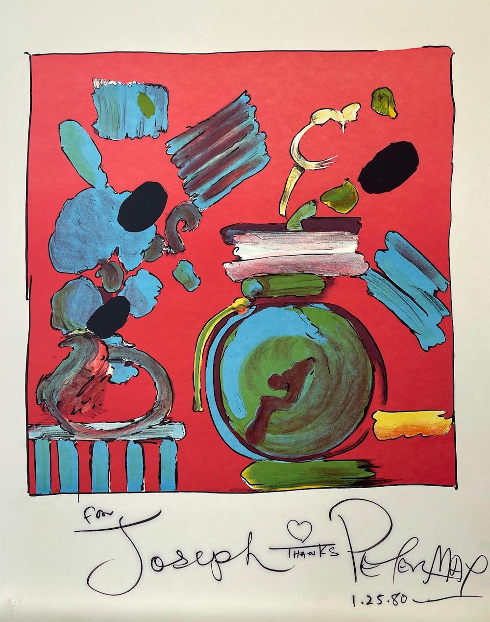 COMPOSICIÓN ROJO Litografía firmada, Bodegón floral abstracto, Jarrón redondo azul - Print de Peter Max