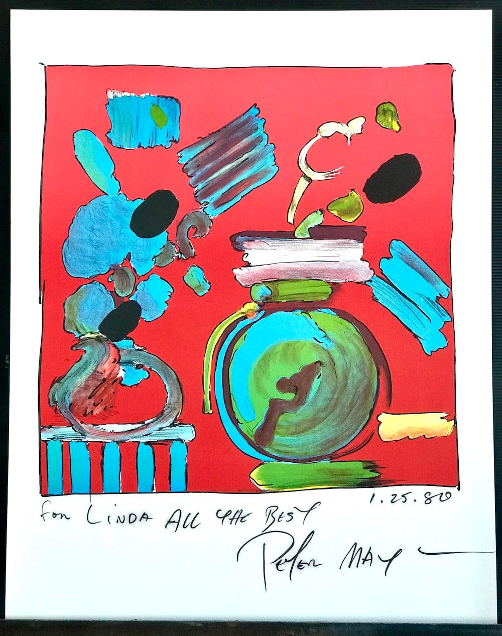 COMPOSITION RED Signed Lithograph, Abstract Floral Still Life, Round Blue Vase - Red Interior Print by Peter Max