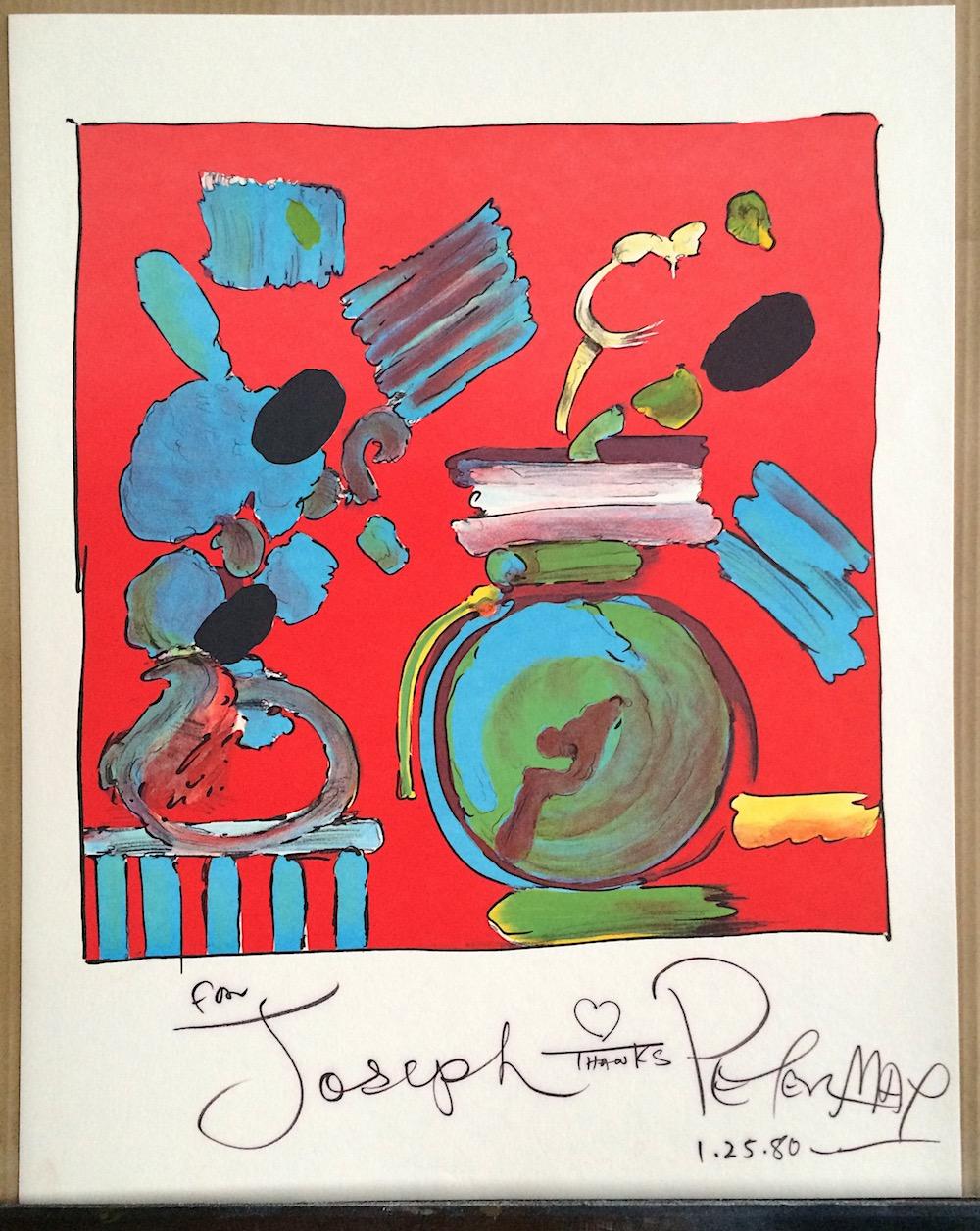 COMPOSITION RED est une lithographie originale dessinée à la main par le célèbre artiste pop américain Peter Max, imprimée à l'aide de techniques traditionnelles de lithographie à la main sur du papier d'impression d'archives, 100 % sans acide.