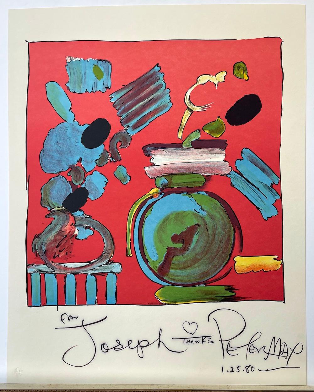 COMPOSICIÓN ROJO Litografía firmada, Bodegón floral abstracto, Jarrón redondo azul en venta 3