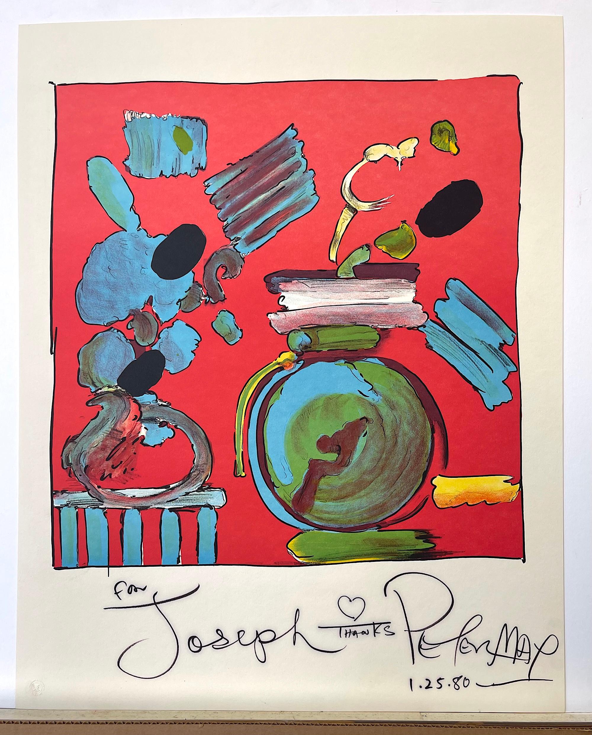 COMPOSITION RED Signed Lithograph, Abstract Floral Still Life, Round Blue Vase For Sale 1