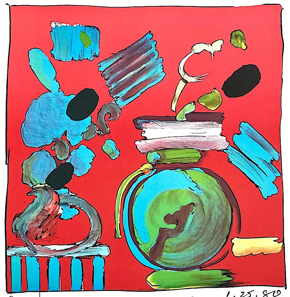 Peter Max Interior Print - COMPOSITION RED Signed Lithograph, Abstract Floral Still Life, Round Blue Vase