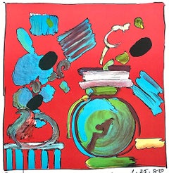 COMPOSITION RED Signed Lithograph, Abstract Floral Still Life, Round Blue Vase