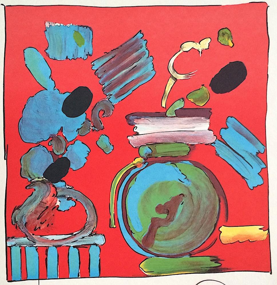 COMPOSITION RED Signed Lithograph, Abstract Floral Still Life, Round Blue Vase