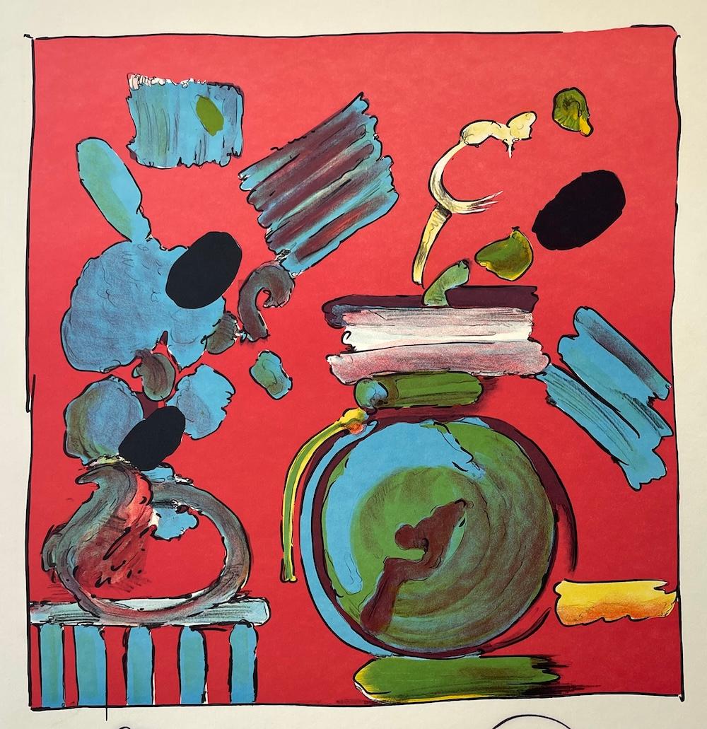 Still-Life Print de Peter Max - COMPOSICIÓN ROJO Litografía firmada, Bodegón floral abstracto, Jarrón redondo azul