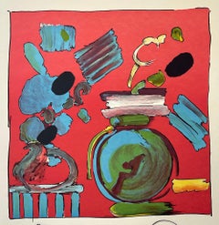 COMPOSITION Lithographie signée ROUGE, Nature morte florale abstraite, vase rond bleu