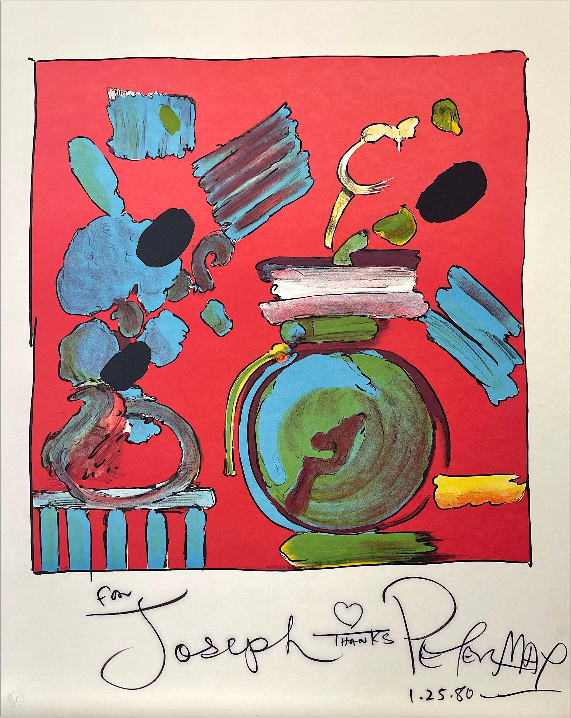 Peter Max Still-Life Print - COMPOSITION RED Signed Lithograph, Abstract Floral Still Life, Round Blue Vase