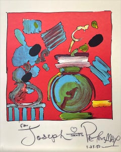COMPOSITION Lithographie signée ROUGE, Nature morte florale abstraite, vase rond bleu
