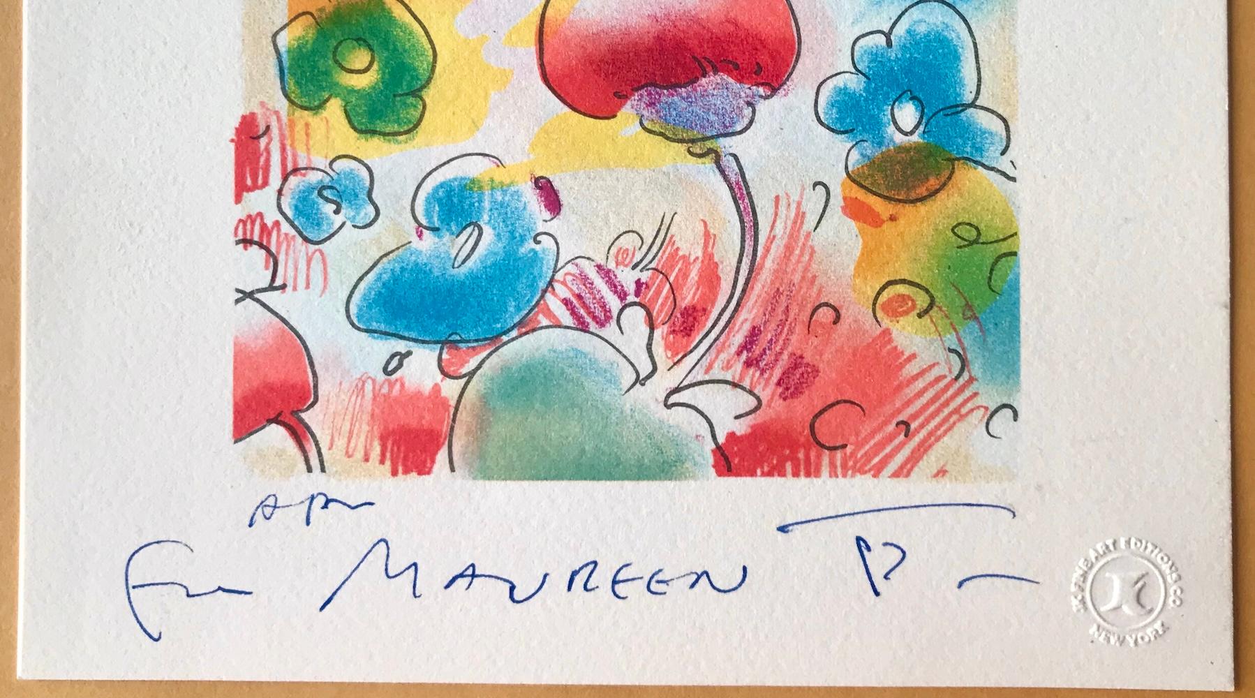 COSMIC FLOWERS Signed Lithograph, Abstract Floral, Happy Colors, Blue Red Yellow - Gray Still-Life Print by Peter Max