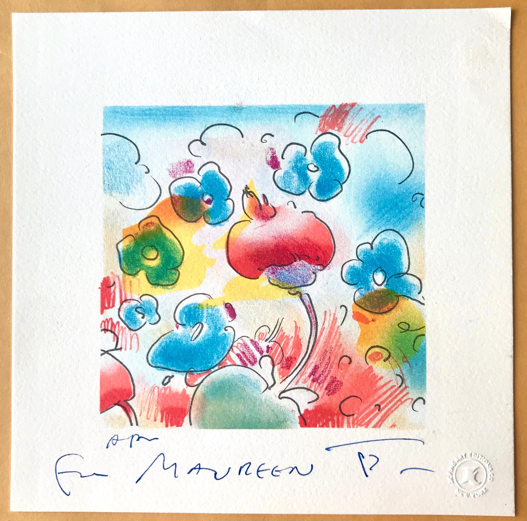 Cosmic Flowers is an original hand drawn lithograph by Peter Max printed using traditional hand lithography techniques on archival Arches paper, 100% acid free. Loosely sketched black line drawing of expressive flower blossoms printed in a  lively