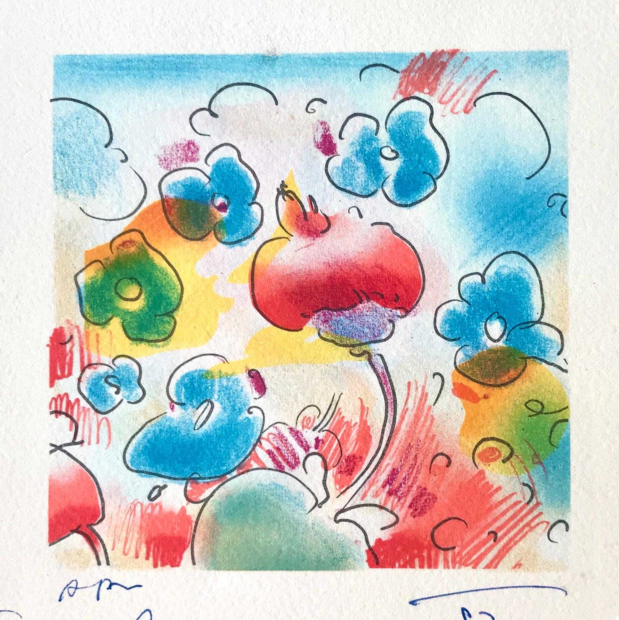 COSMIC FLOWERS Signed Lithograph, Abstract Floral, Happy Colors, Blue Red Yellow