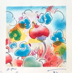 FLORES CÓSMICAS Litografía firmada, Floral abstracto, Colores alegres, Azul Rojo Amarillo