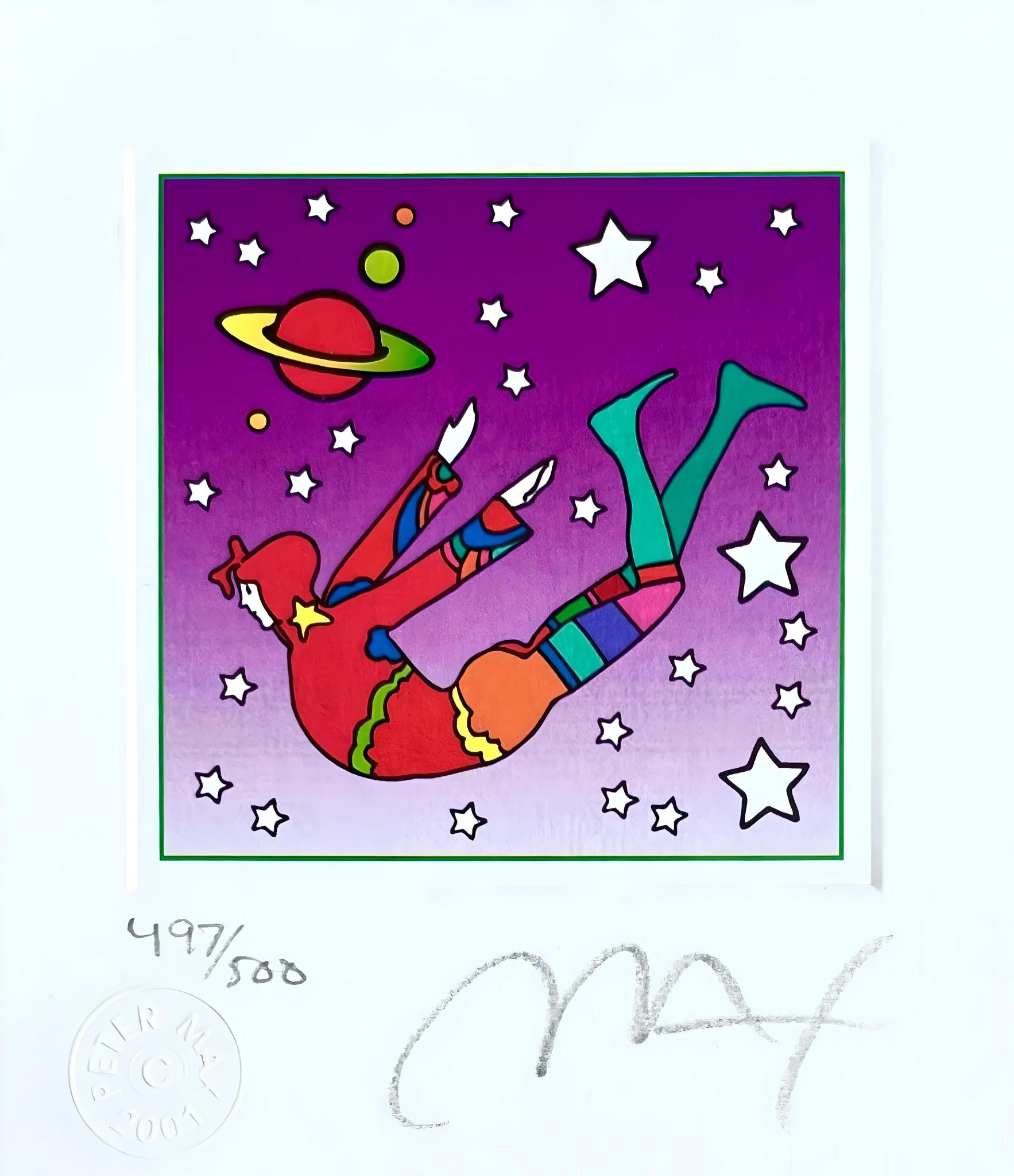 Artist: Peter Max (1937)
Title: Cosmic Flyer in Space
Year: 2003
Edition: 497/500, plus proofs
Medium: Lithograph on Lustro Saxony paper
Size: 3.43 x 2.62 inches
Condition: Excellent
Inscription: Signed and numbered by the artist.
Notes: Published