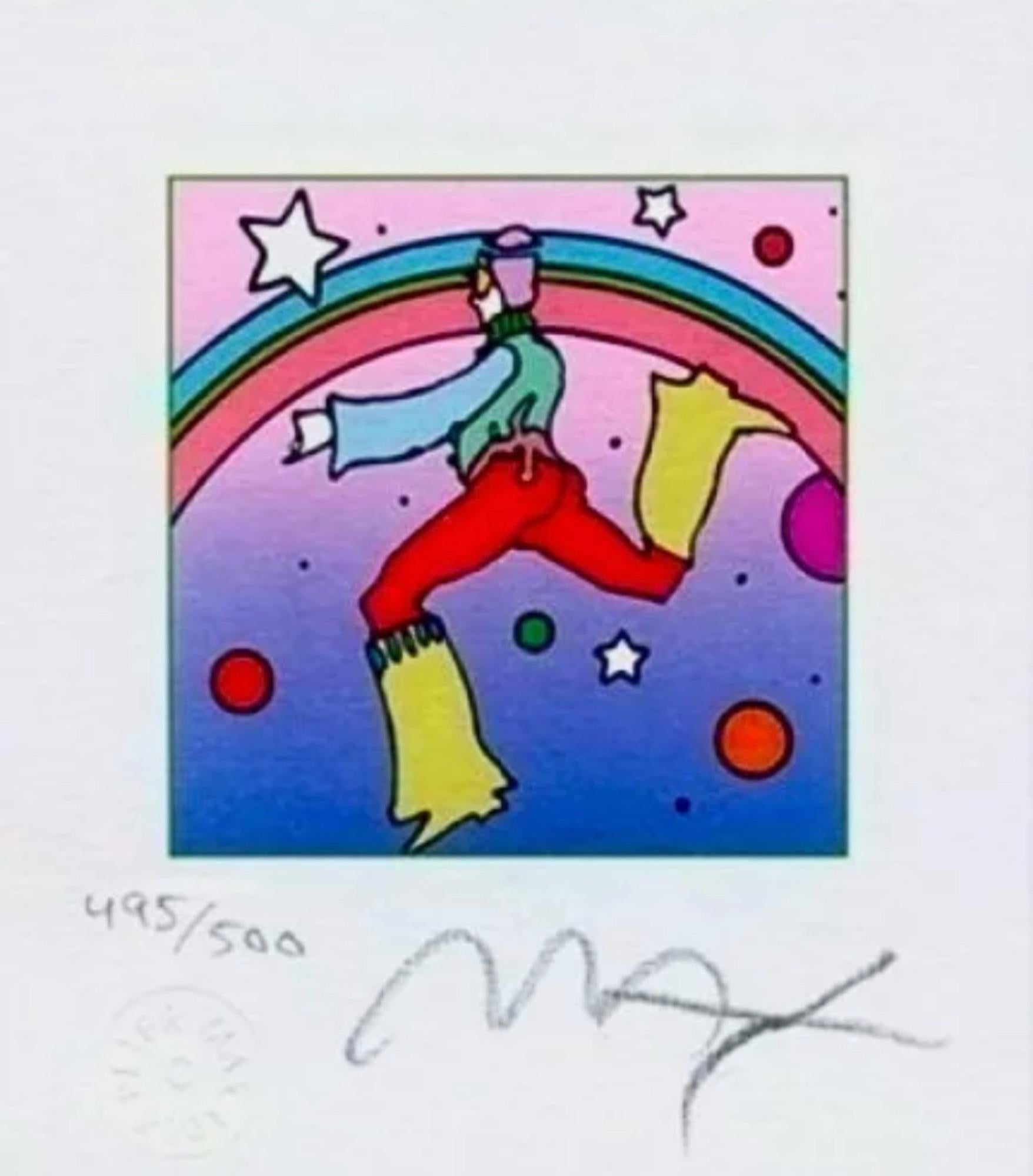 Artist: Peter Max (1937)
Title: Cosmic Jumper, Detail I
Year: 2003
Edition: 495/500, plus proofs
Medium: Lithograph on Lustro Saxony paper
Size: 3.43 x 2.62 inches
Condition: Excellent
Inscription: Signed and numbered by the artist.
Notes: Published