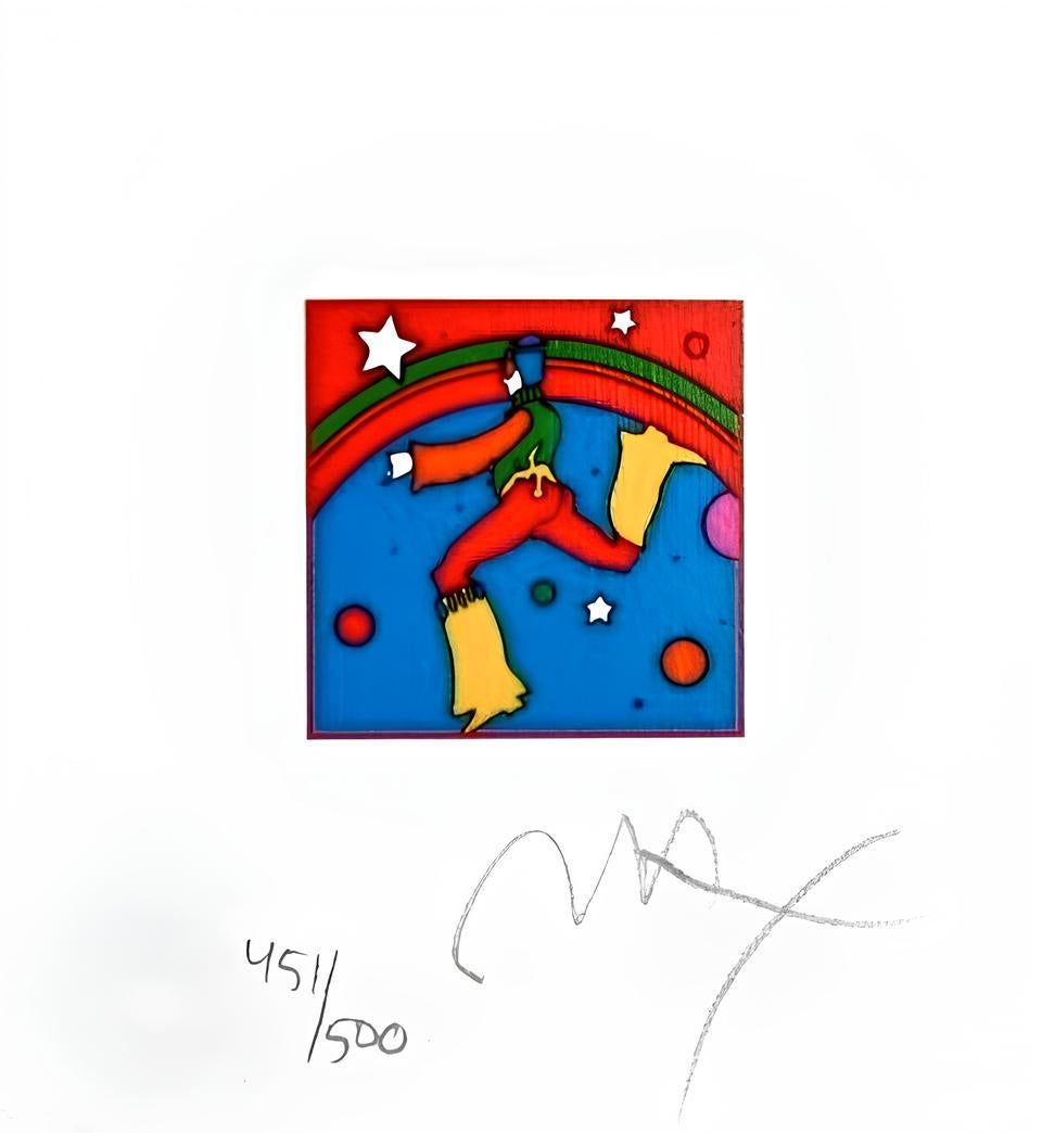 Artist: Peter Max (1937)
Title: Cosmic Jumper, Detail III
Year: 2002
Edition: 451/500, plus proofs
Medium: Lithograph on Lustro Saxony paper
Size: 4.87 x 4.5 inches
Condition: Excellent
Inscription: Signed and numbered by the artist.
Notes: