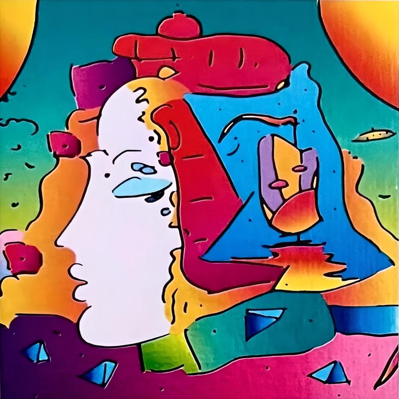 Artist: Peter Max (1937)
Title: Cosmic Profile
Year: 2003
Edition: 451/500, plus proofs
Medium: Lithograph on Lustro Saxony paper
Size: 3.5 x 3 inches
Condition: Excellent
Inscription: Signed and numbered by the artist.
Notes: Published by Via