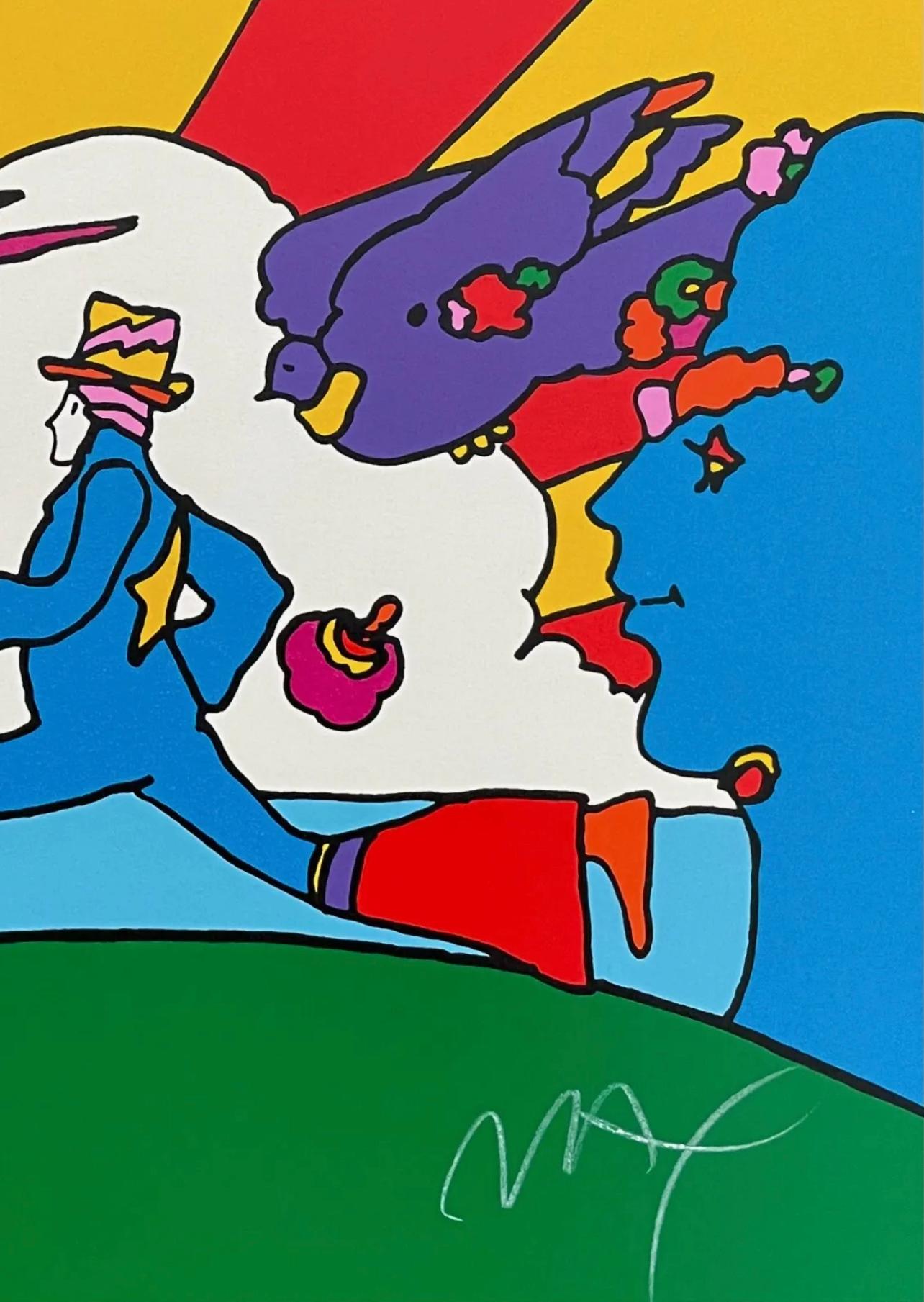 Artist: Peter Max (1937)
Title: Cosmic Runner (Retro Suite I)
Year: 1994
Edition: 137/300, plus proofs
Medium: Silkscreen on Arches paper
Size: 11 x 11 inches
Condition: Excellent
Inscription: Signed and numbered by the artist.
Notes: Published by