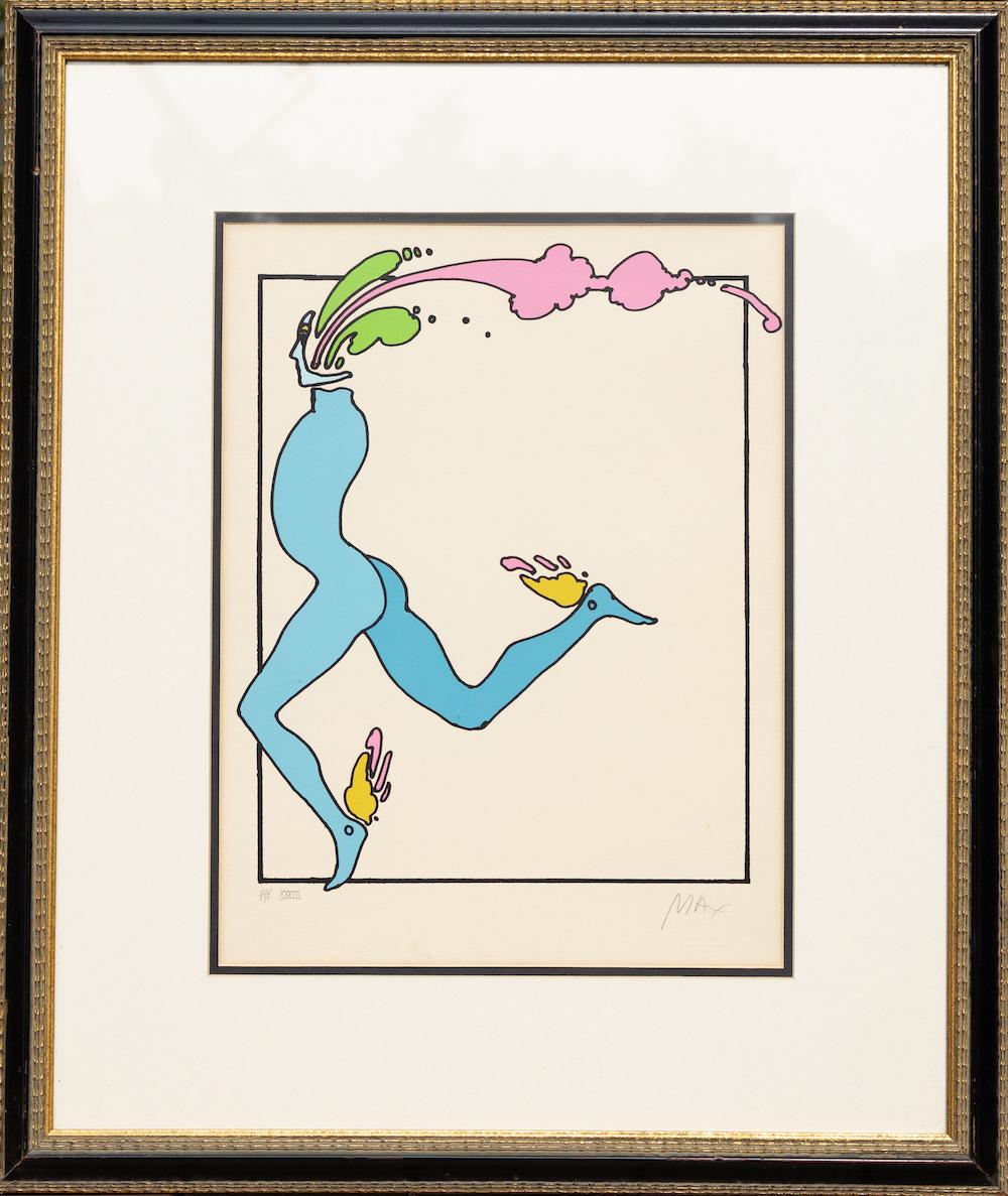 This colorful and zany piece by Peter Max depicts a sky blue character called the 
