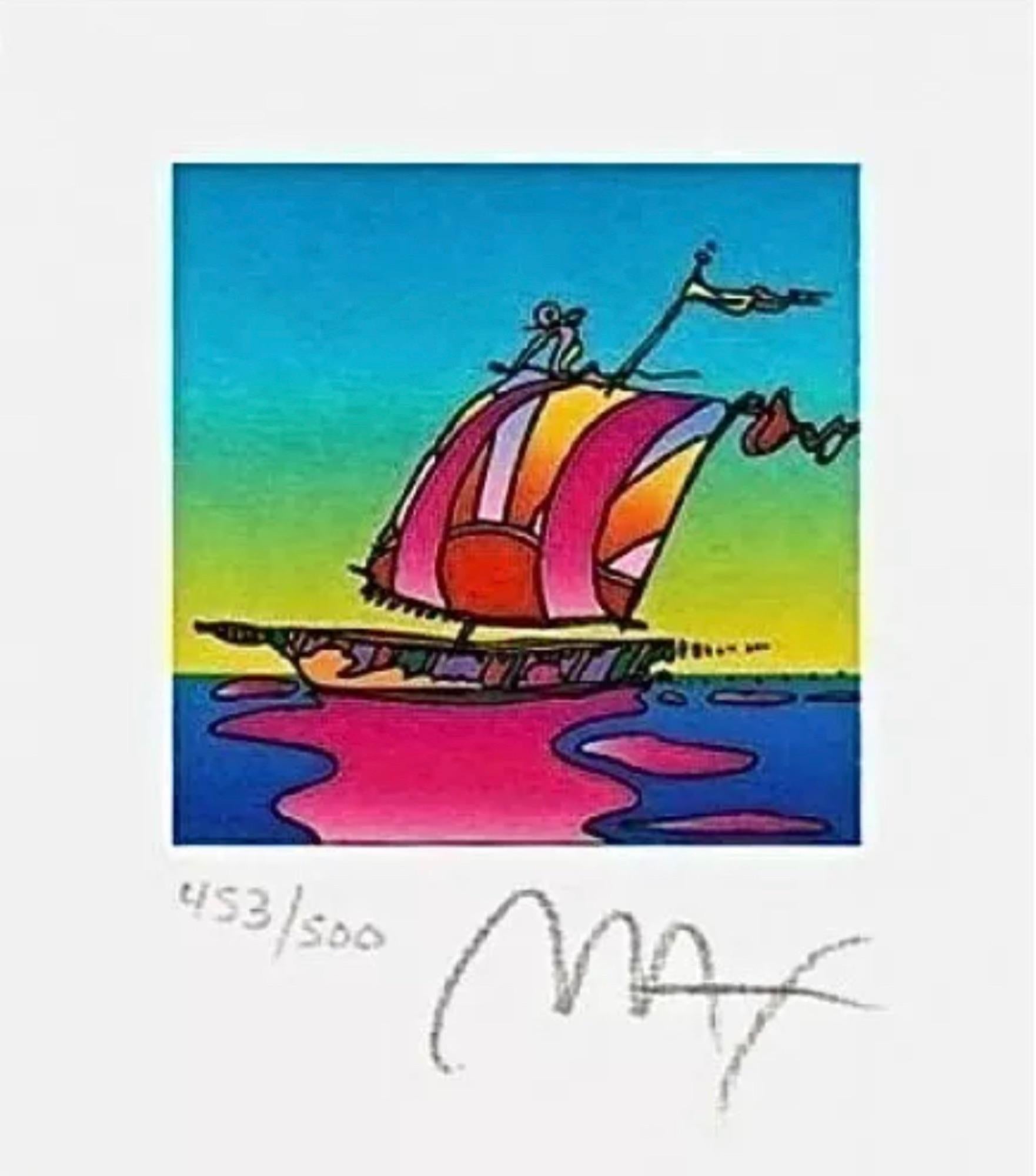 Artist: Peter Max (1937)
Title: Cosmic Sailboat
Year: 2003
Edition: 453/500, plus proofs
Medium: Lithograph on Lustro Saxony paper
Size: 3.43 x 2.62 inches
Condition: Excellent
Inscription: Signed and numbered by the artist.
Notes: Published by Via