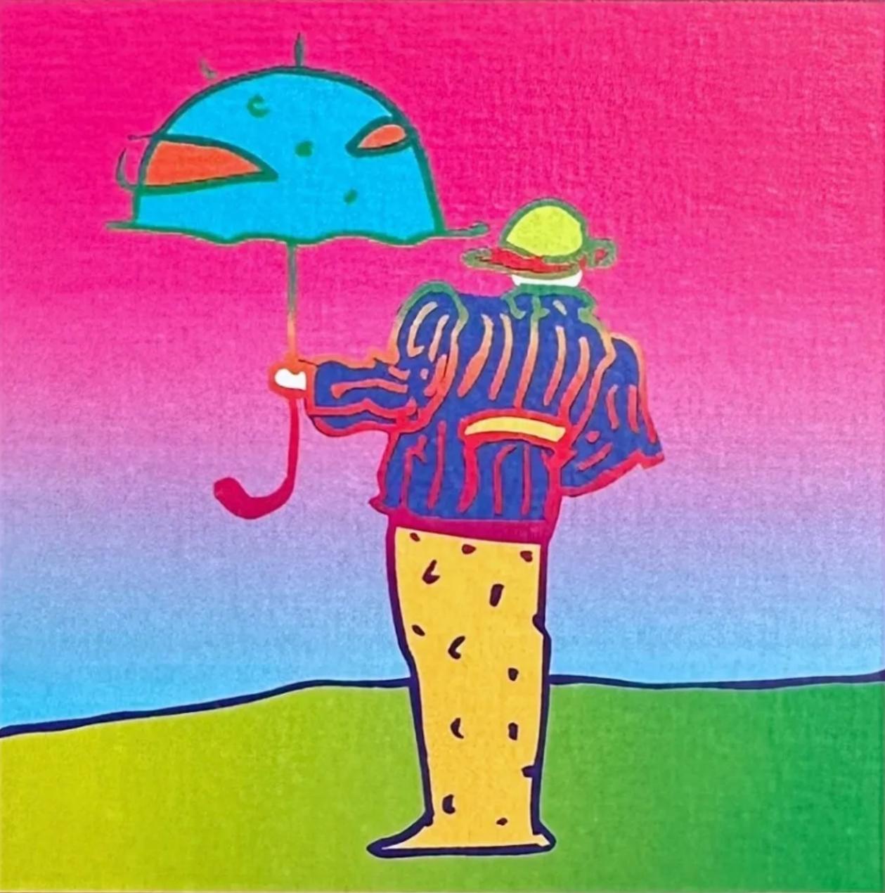 Artist: Peter Max (1937)
Title: Cosmic Umbrella Man
Year: 2003
Edition: 496/500, plus proofs
Medium: Lithograph on Lustro Saxony paper
Size: 3.43 x 2.62 inches
Condition: Excellent
Inscription: Signed and numbered by the artist.
Notes: Published by
