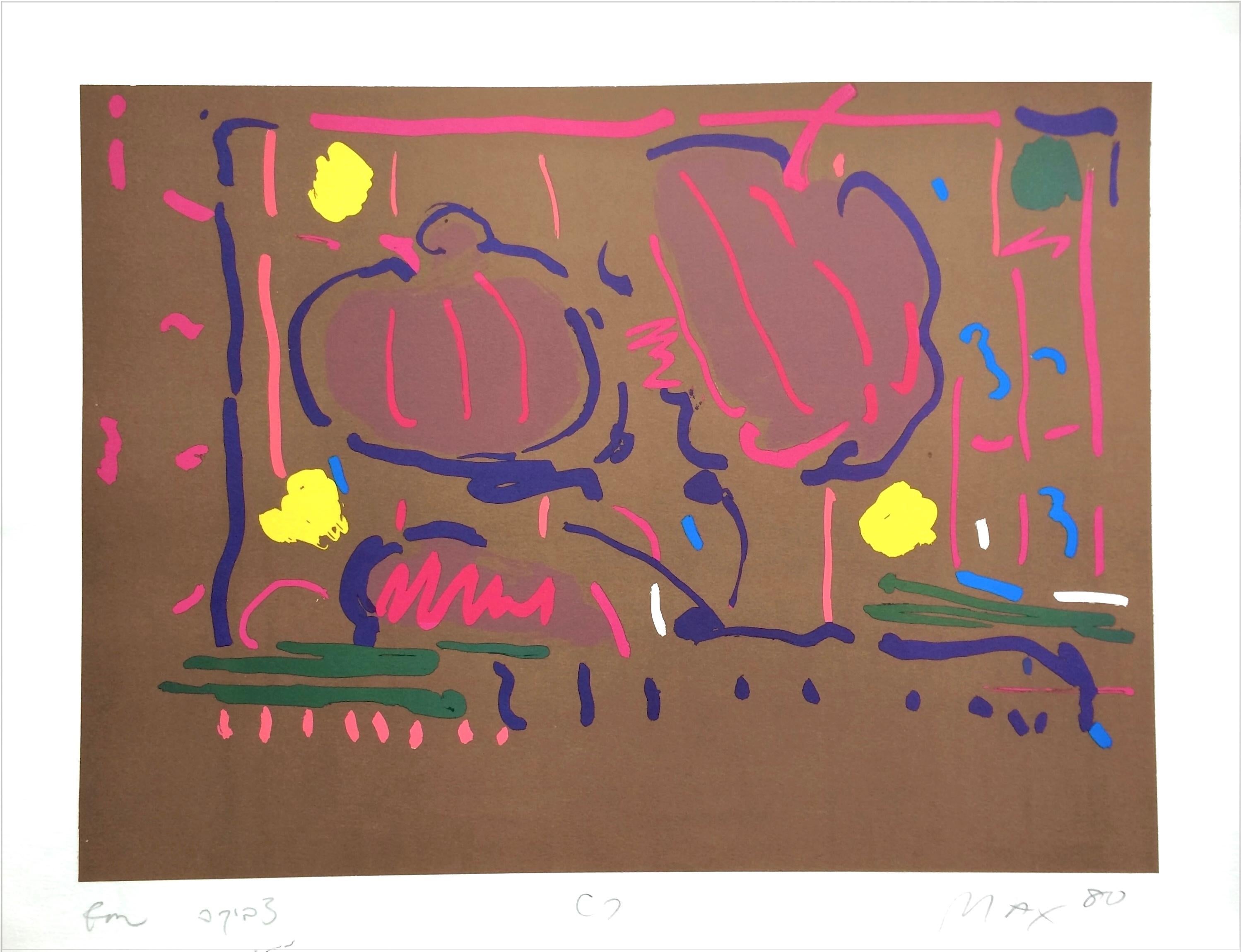 Interior Print de Peter Max - FLORES DE LA TIERRA Litografía firmada, Floral Abstracto, Pop Art, Marrón Púrpura Magenta