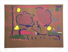 EARTH FLOWERS Lithographie signée, Floral abstrait, Pop Art, Brown Purple Magenta