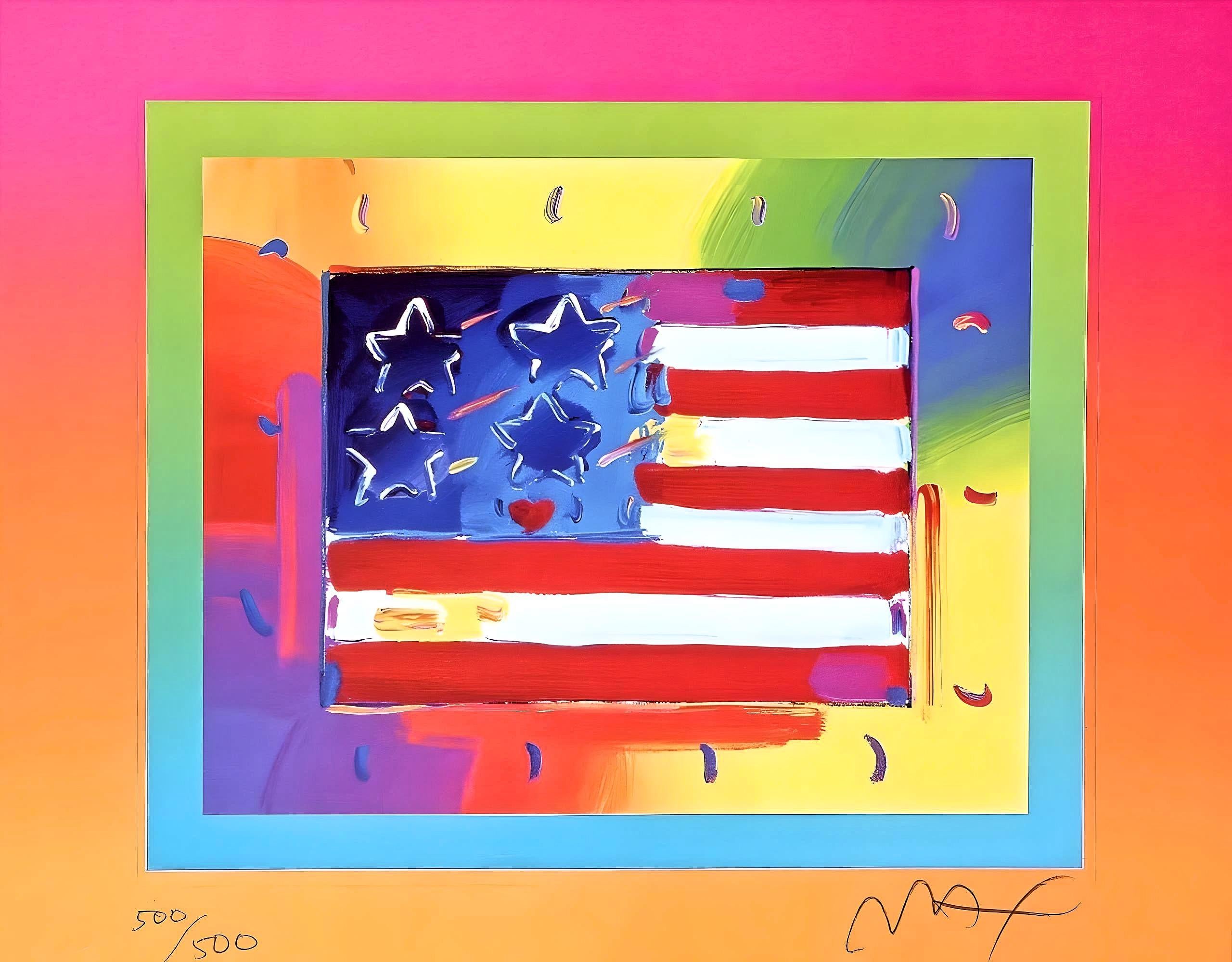 Artist: Peter Max (1937)
Title: Flag on Blends
Year: 2005
Edition: 500/500, plus proofs
Medium: Lithograph on Lustro Saxony paper
Size: 8 x 10 inches
Condition: Excellent
Inscription: Signed and numbered by the artist.
Notes: Published by Via