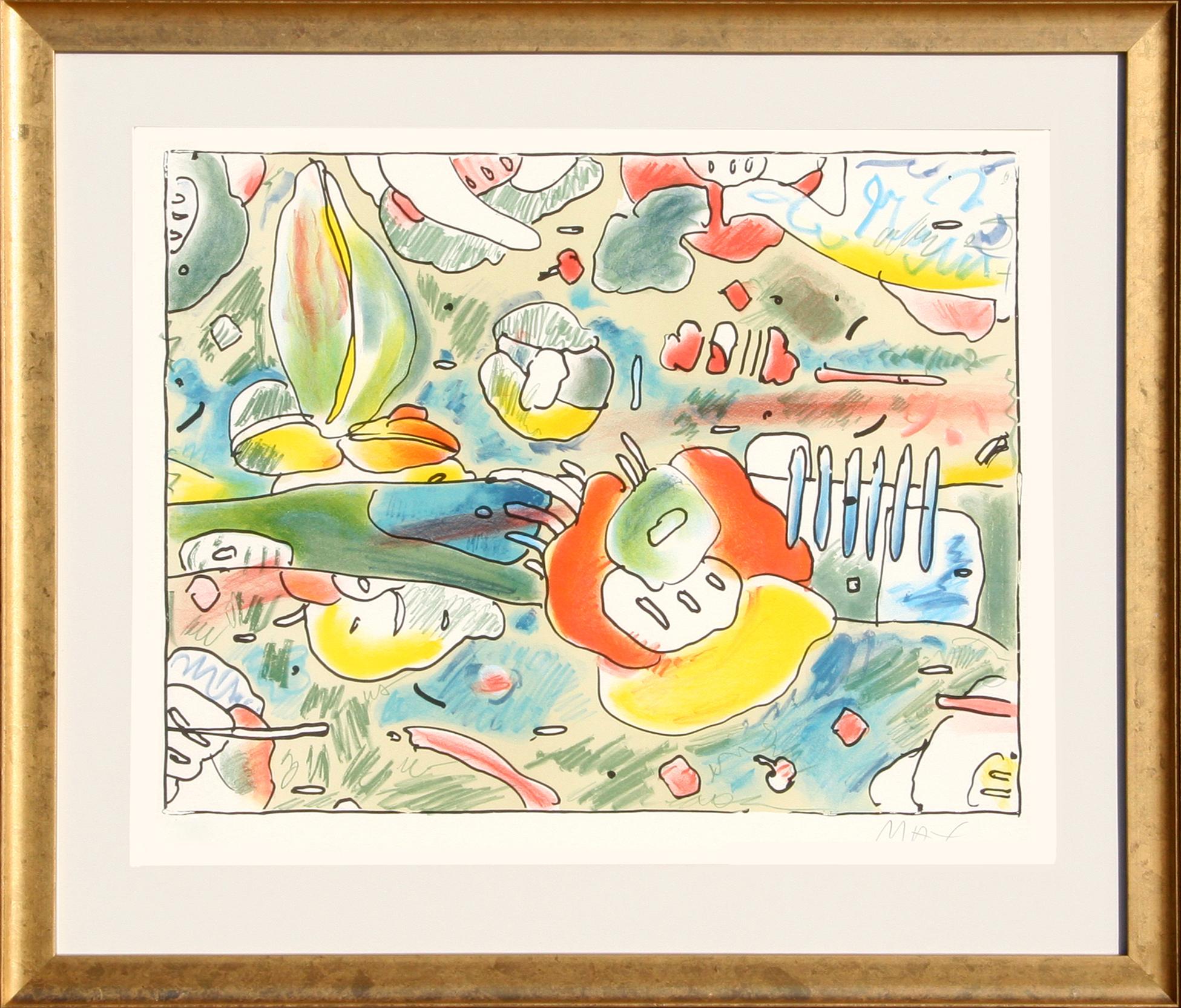 Artist: Peter Max
Title: Flower Abstract
Year: 1980
Medium: Lithograph, signed and numbered in pencil 
Edition: 165, HC
Paper Size: 22 in. x 27 in. (55.88 cm x 68.58 cm)
Frame Size: 28.5 x 32.5
