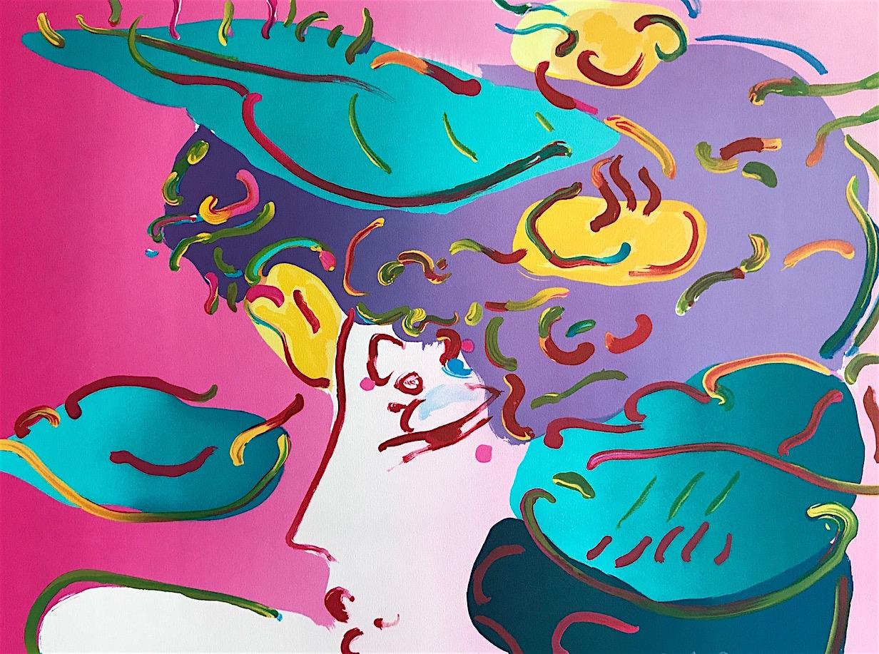 ESPECTRO FLORAL II Litografía firmada, Retrato femenino contemporáneo, rosa, verde - Print de Peter Max