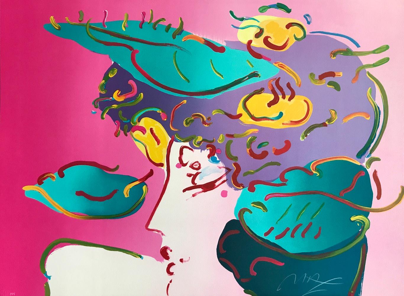 Peter Max Figurative Print - FLOWER SPECTRUM II Signed Lithograph, Woman Profile Portrait Pink, Green, Yellow