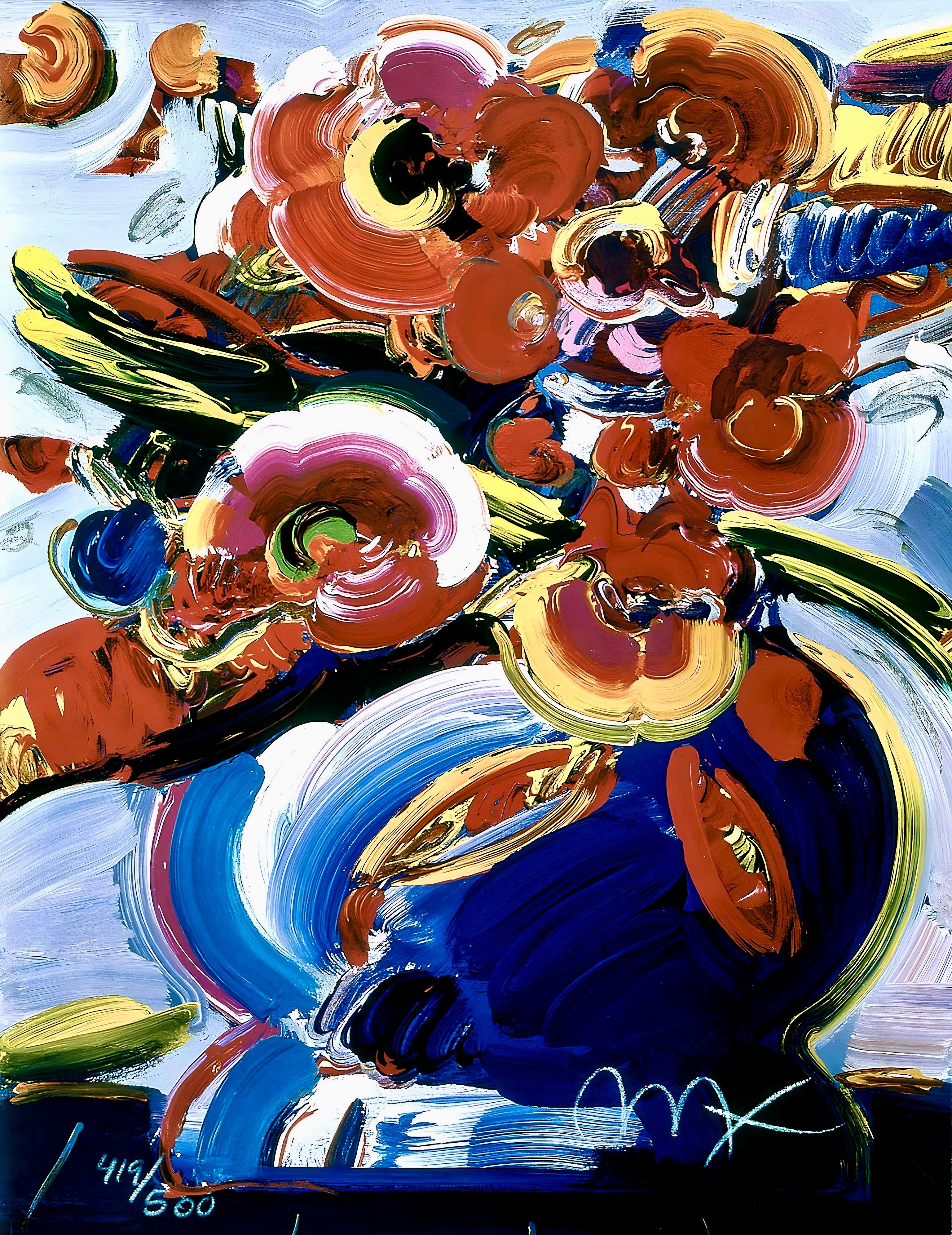 Artist: Peter Max (1937)
Title: Flowers In Blue Vase III
Year: 2000
Edition: 419/500, plus proofs
Medium: Lithograph on archival paper
Size: 12 x 9 inches
Condition: Excellent
Inscription: Signed and numbered by the artist.
Notes: Published by Via