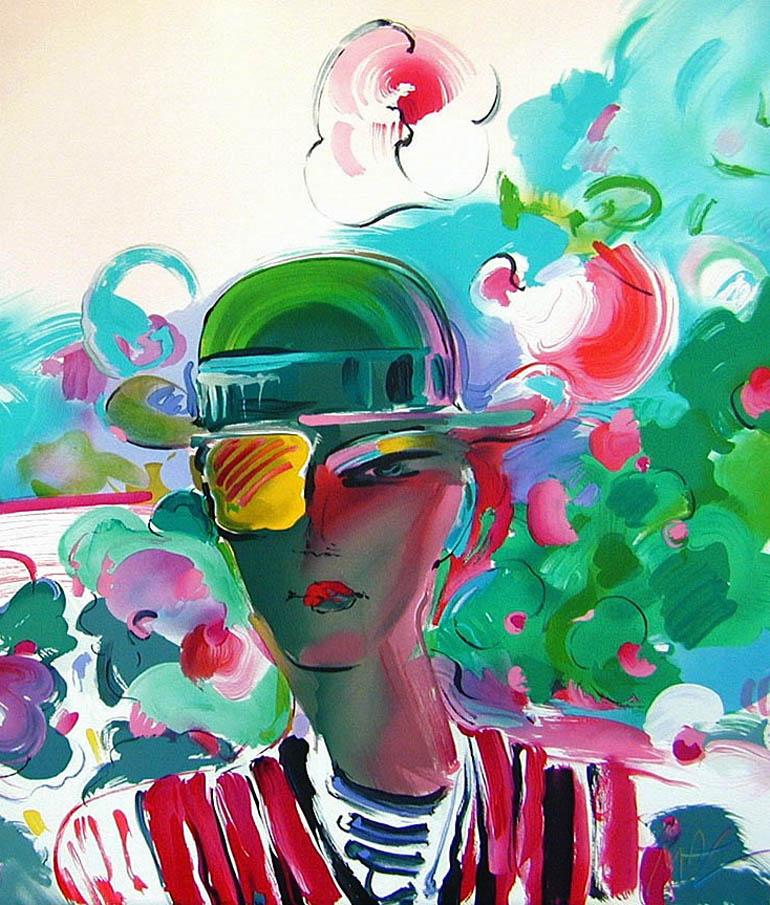 FRENCH ZERO'S GIRLFRIEND Signed Lithograph Woman in Green Hat Turquoise Red Pink - Print by Peter Max
