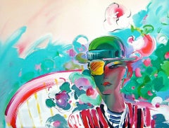 FRENCH ZERO'S GIRLFRIEND Litografia firmata Donna con cappello verde Turchese Rosso Rosa