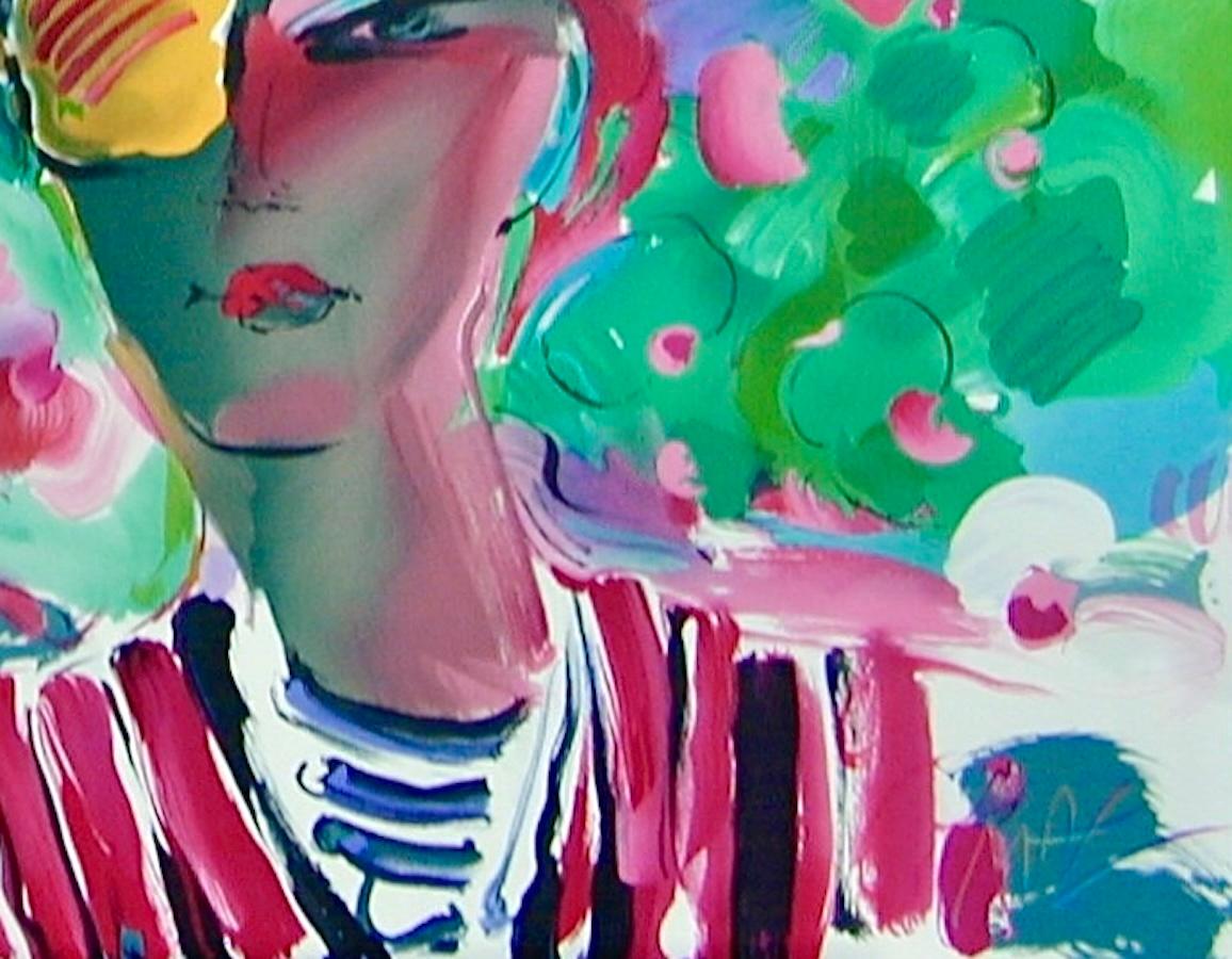 FRENCH ZERO'S GIRLFRIEND Signed Lithograph Woman in Green Hat Turquoise Red Pink - Gray Portrait Print by Peter Max