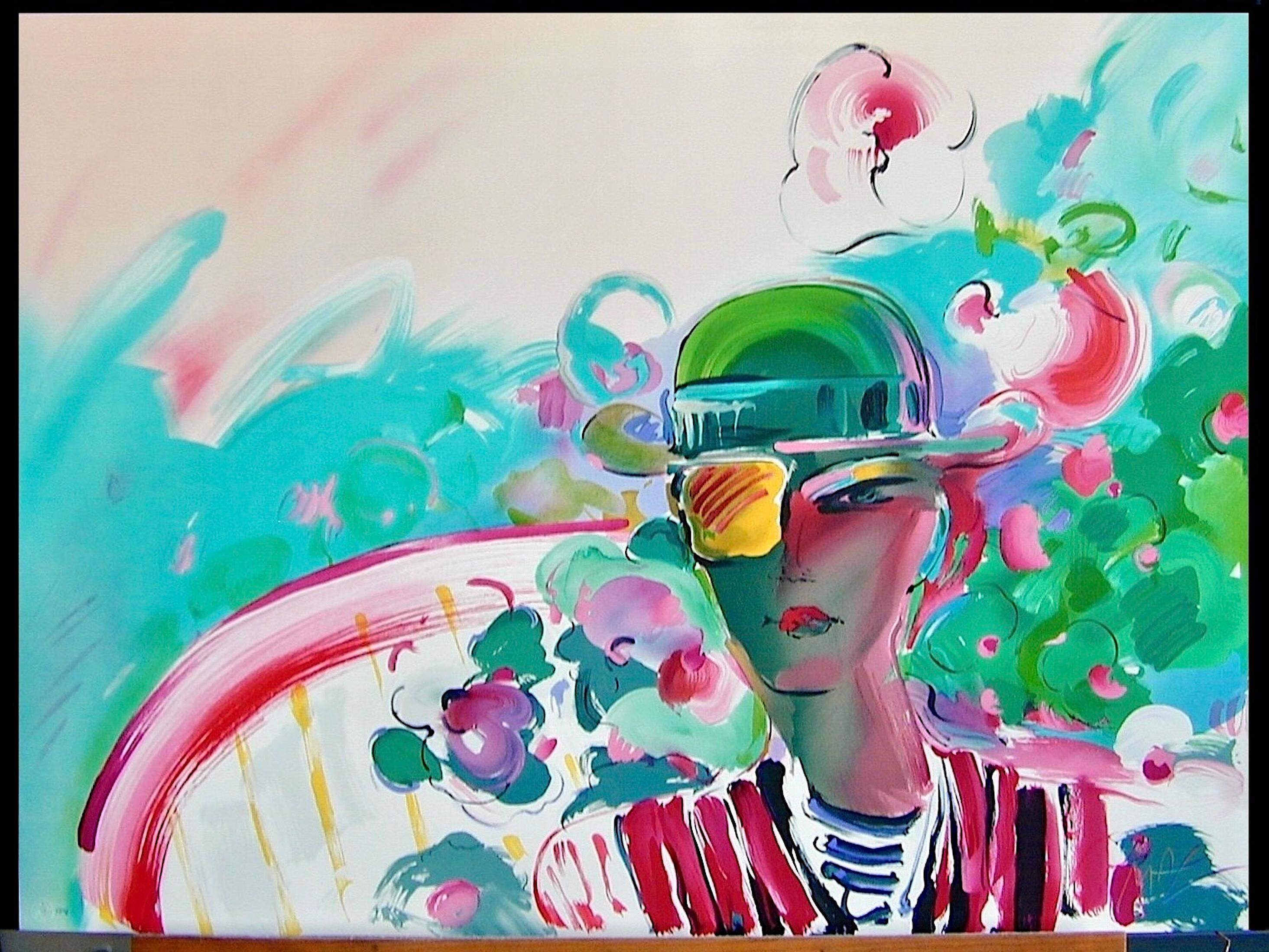 Lithographie signée ZERO'S GIRLFRIEND FRANÇAIS Femme au chapeau vert turquoise rouge rose en vente 3