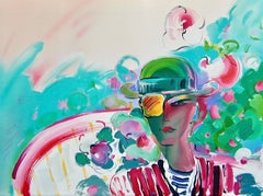 FRENCH ZERO'S GIRLFRIEND Litografia firmata Donna con cappello verde Turchese Rosso Rosa