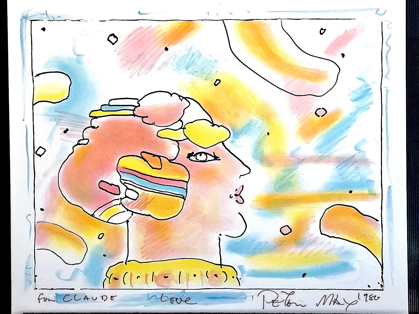 Lithographie signée D'un autre portail, portrait de profil, méditation de tête cosmique  - Beige Portrait Print par Peter Max