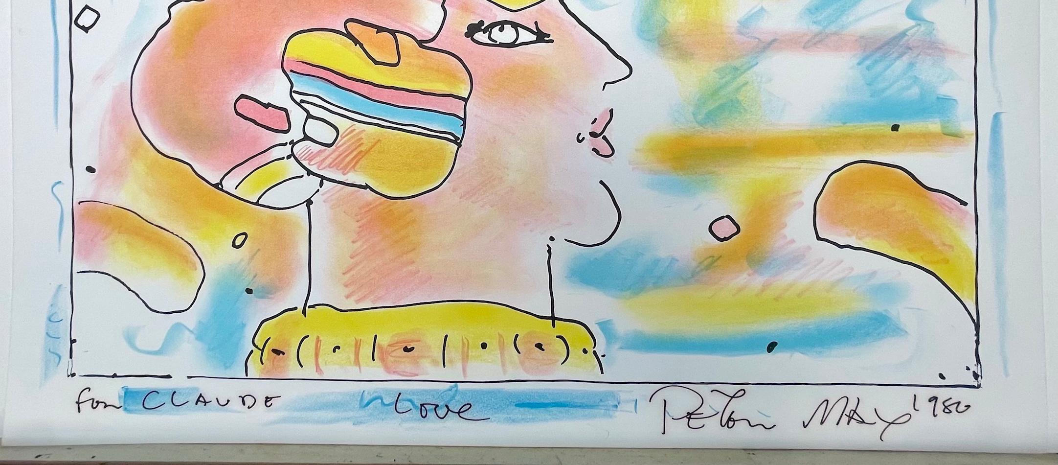 FROM ANOTHER PLANET is an original hand drawn lithograph by the renowned American Pop artist, Peter Max, printed in 1980 in an edition of 165, using traditional hand lithography techniques on archival Somerset paper, 100% acid free. FROM ANOTHER