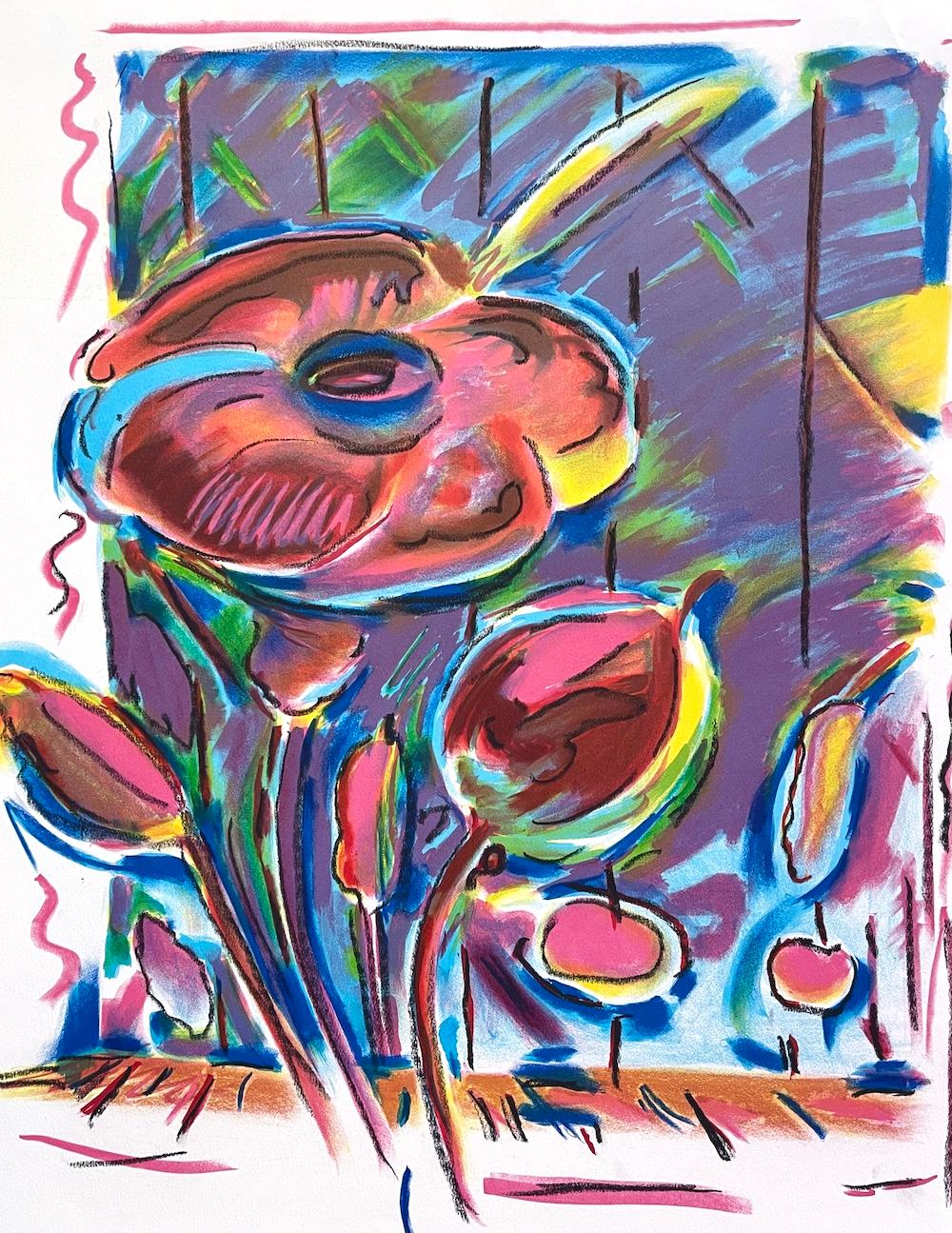 GARDEN FLOWERS Litografia colorata a mano con disegno a pastello, floreale astratto - Print di Peter Max