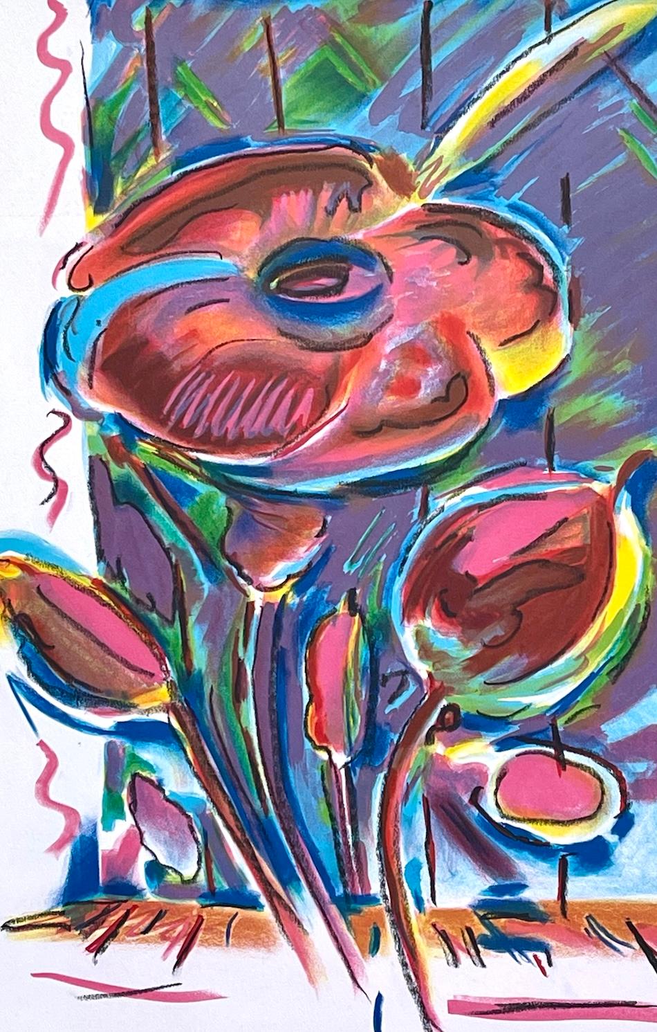 GARDEN FLOWERS Litografia colorata a mano con disegno a pastello, floreale astratto - Print Pop Art di Peter Max