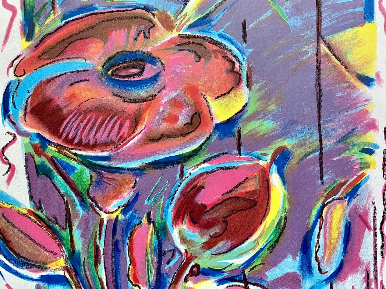 GARDEN FLOWERS Litografia colorata a mano con disegno a pastello, floreale astratto - Abstract Print Grigio di Peter Max