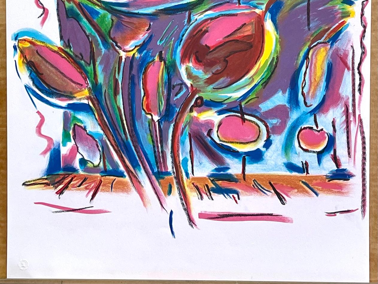 GARDEN FLOWERS Litografia colorata a mano con disegno a pastello, floreale astratto in vendita 3